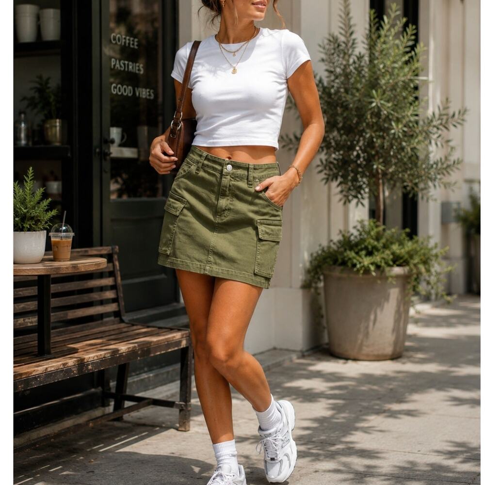 NWT Just USA Olive Cargo Mini Skirt Utility Cotton Y2K Streetwear Gorpcore SZ S